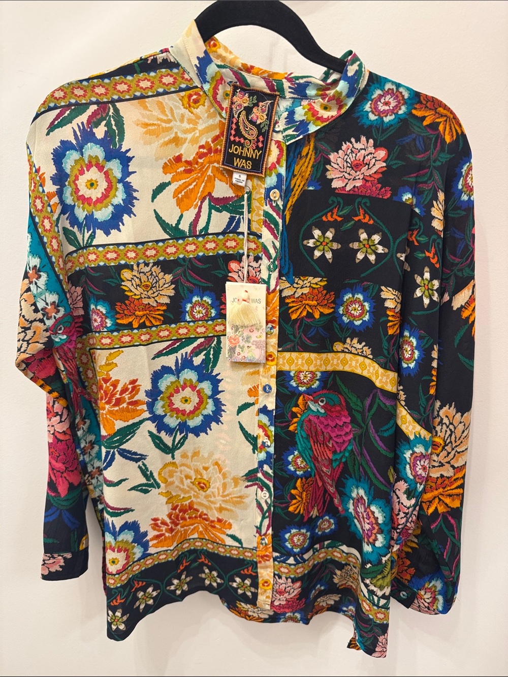 Johnny Was Floral Patchwork Button-Front Blazer in Black, Cream, Teal & Pink